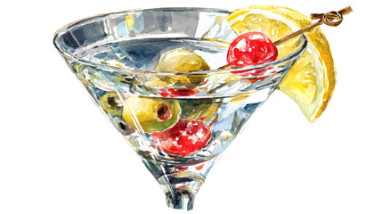Olive martini illustration with yellow lemon, artistic cocktail watercolor in glass