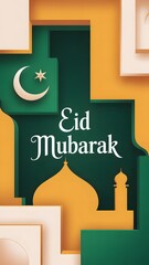Minimalist Eid Mubarak vertical poster with mosque silhouette and golden crescent moon