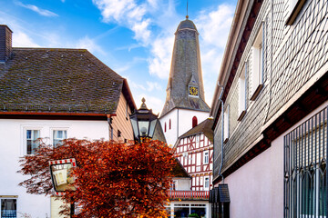 Cityscape of Bad Laasphe with a view of the church and traditional half-timbered houses, Siegen Wittgenstein, Germany