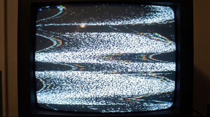 Vintage CRT television screen showing intense white static noise, signal loss, and glitch distortion. Retro 80s 90s TV display texture background.