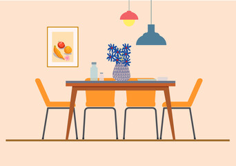 Flat vector illustration of a cozy dining room interior featuring a wooden table, modern chairs, pendant lamps, wall art, and decorative elements in a clean minimalist style with warm tones. © Suryadi