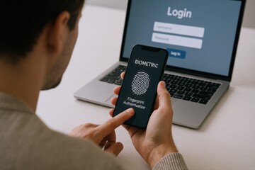 Man uses fingerprint authentication on smartphone for secure access, with login screen on laptop in background