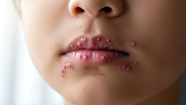 Close up of human lips and surrounding facial skin affected by multiple red pustules and sores indicating skin infection or viral condition