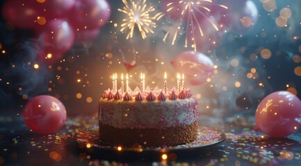 Birthday Cake With Lit Candles Surrounded by Balloons and Confetti