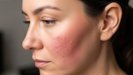 Fototapeta premium Close-up of a young woman with visible acne and skin inflammation on her cheek highlighting skin health and dermatological concerns