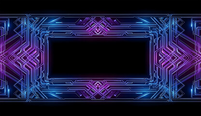 Ornate Blue and Purple Geometric Tech Frame with Complex Patterns and Futuristic Neon Glow for Digital Background Design