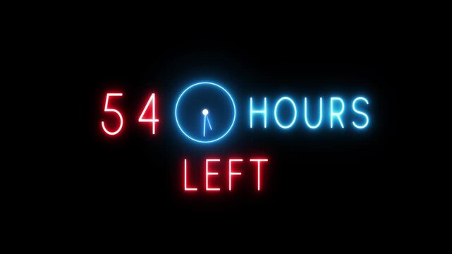 Neon countdown clock animation. Neon 54 Hours timer clock. Neon countdown text timer number.
