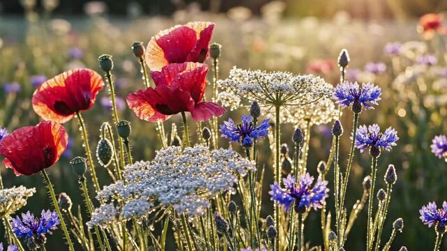 Morning sunlight illuminates vibrant wildflower meadow with red poppies, blue cornflowers, and white yarrow