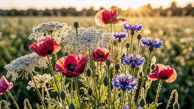 Morning field of blooming wildflowers with radiant red poppies, blue cornflowers and white yarrow bathed in sunlight.