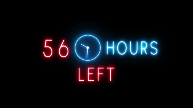 Neon countdown clock animation. Neon 56 Hours timer clock. Neon countdown text timer number.