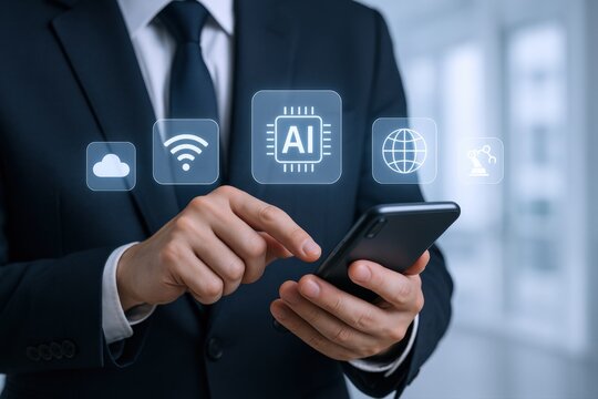 Businessman using AI on smartphone shows futuristic connection technology with digital transformation, cloud computing, automation - Powered by Adobe