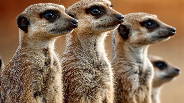 Meerkats stand in a row during a warm day in the desert while observing their surroundings for any signs of danger