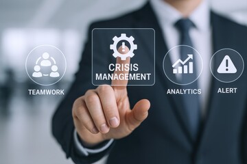 Crisis Management Strategy: Businessman Interacting with a Digital Interface Displaying Teamwork, Analytics and Alert Icons