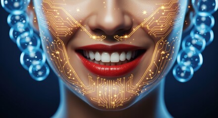 Futuristic Woman with Digital Face Overlay, Artificial Intelligence and Biometric Technology, Science and Technology Concept
