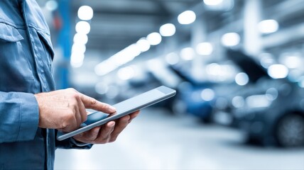 Mechanic Using Tablet in Auto Repair Shop: Modern Car Service and Maintenance Technology