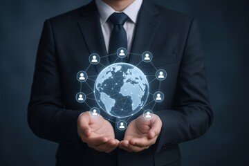 Global Network Connection: Businessman Holding Holographic Earth with Connected People Icons, Representing International Collaboration