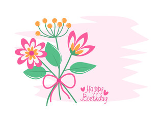 Abstract flower bouquet. Happy birthday greeting text. Bow and hearts. Handwritten lettering, design for postcards, greeting cards, and invitations. Isolated on white background.