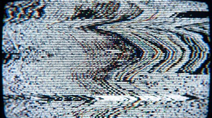 Abstract Glitch Art Background with Analog TV Static Noise and Distorted Screen Lines. Distressed Texture Overlay, Signal Interference, Retro VHS Effect.
