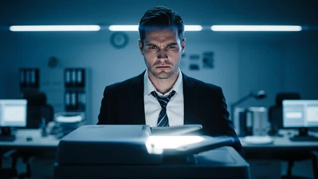Focused businessman struggles with copier machine in a dark office, problem solving