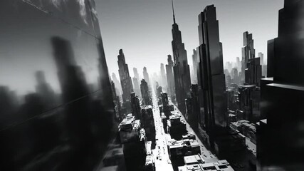 Futuristic towering skyscraper cityscape in monochrome with sunlight, sci-fi dystopian urban view