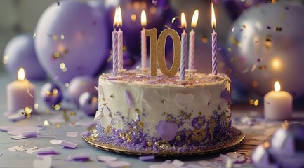 Purple and Gold Ten Year Old Birthday Cake With Candles and Confetti
