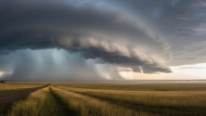 Majestic supercell thunderstorm unleashing torrential rain across a vast, golden prairie landscape