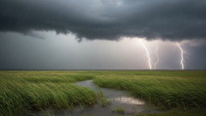 Intense lightning storm illuminates a vast green marshland under dark, brooding clouds and heavy
