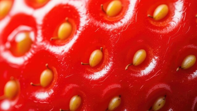 Vibrant macro close-up of a fresh strawberry's intricate red skin and yellow achene seeds
