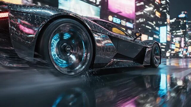 A sleek, high-performance sports car speeds through a glistening city, its wheels splashing rainwater against the backdrop of electrifying neon signs, creating a mesmerizing scene filled with energy.