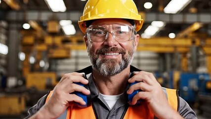 Smiling industrial worker wearing safety helmet in factory professional labor industry workplace concept