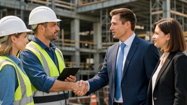 Engineer and investor shaking hands on a job site