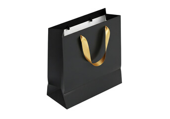 Black shopping bag with golden handles isolated on transparent background