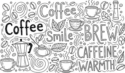 Coffee doodle illustration, hand drawn style, caffeine elements, cups, beans, steam, moka pot, sugar bowl, warm drink, cozy vibe