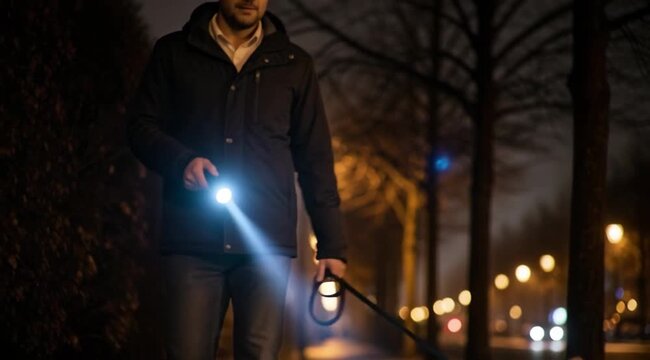 Man Walking Dog at Night with Flashlight.