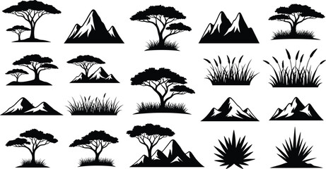 Collection of black and white safari landscape silhouettes featuring african acacia trees mountains and grass clumps isolated on white background vector set © Faruk Here
