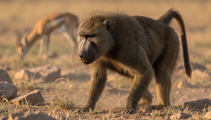 Wildlife nature photo of  baboon stalking prey 