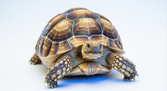 Close-up Portrait of a Tortoise with Detailed Shell and Textured Skin Against Clean Background