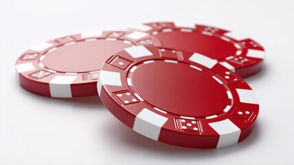 Three red poker chips with white accents arranged on a white background, perfect for casino game concepts