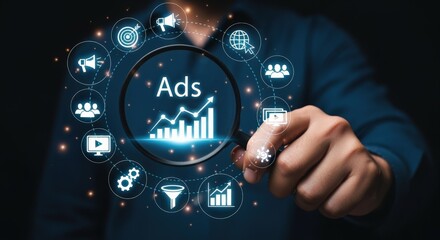 Digital advertising strategy concept showcasing targeted ads and growth through SEO, social media, and online marketing
