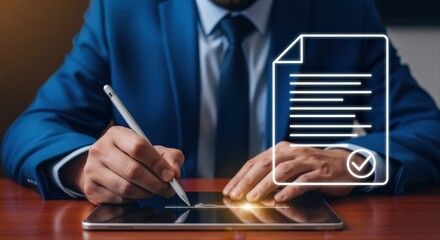 Electronic Signature Concept: Business Professional Signing Digital Document on Tablet with Stylus Pen, Approval Confirmation