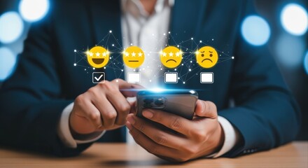 Customer Experience Assessment: Business Professional Evaluating Online Feedback With Smartphone Technology and Satisfaction Rating Icons