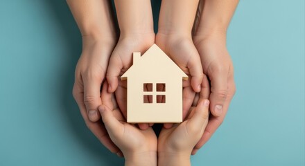 Family Hands Holding a Miniature House: Symbolizing Home, Security, and Generational Wealth on Blue Background