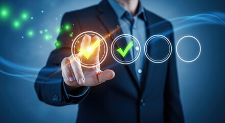 Business Professional Completing Digital Checklist with Interactive Interface, Demonstrating Approval and Task Management, Futuristic Workflow, Blue Background