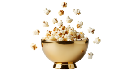 Golden bowl of freshly popped popcorn on black background