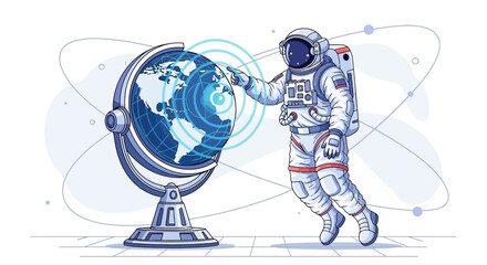 Astronaut interacts futuristic globe projecting waves showcasing global connectivity