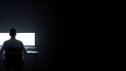 Man working on a bright computer screen in dark room. Developer, programmer, hacker or computer user concept. Late night work.