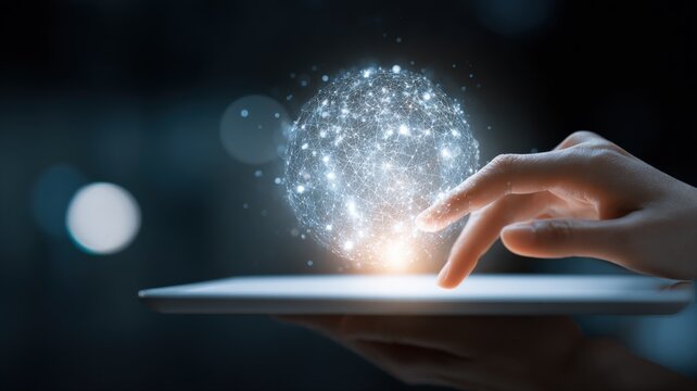 Digital Sphere Manipulation: Hand Interacting with Holographic Globe on Tablet Display for Futuristic Technology Concept - Powered by Adobe