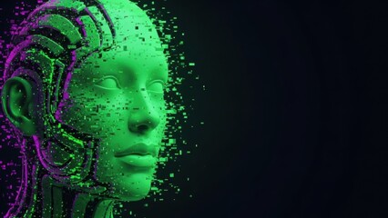 Abstract digital human face with pixelated decay. Concept of artificial intelligence, future technology, data science and virtual reality.