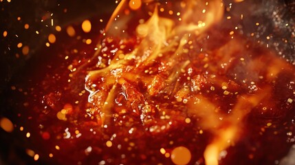 Spicy sauce mixture sizzling in a hot wok.