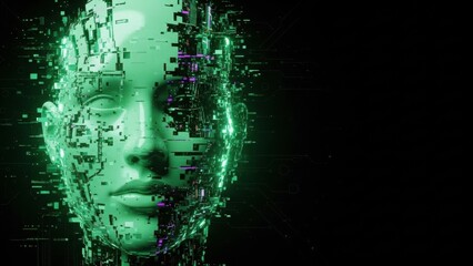 Artificial intelligence face with fragmented data elements. Concept of data processing, machine learning and cyber security in modern technology.